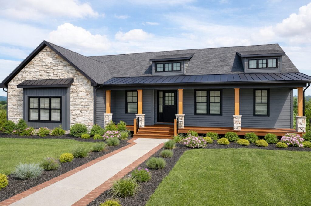 Sedona modular home exterior with stonework and dormers