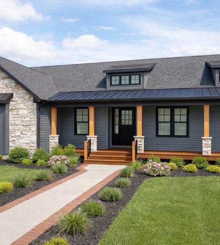 Sedona modular home exterior with stonework and dormers